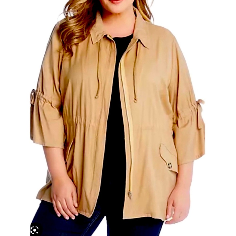 Karen Kane 1x Tie Sleeve Cargo Jacket in Khaki Brown Women's Plus xl